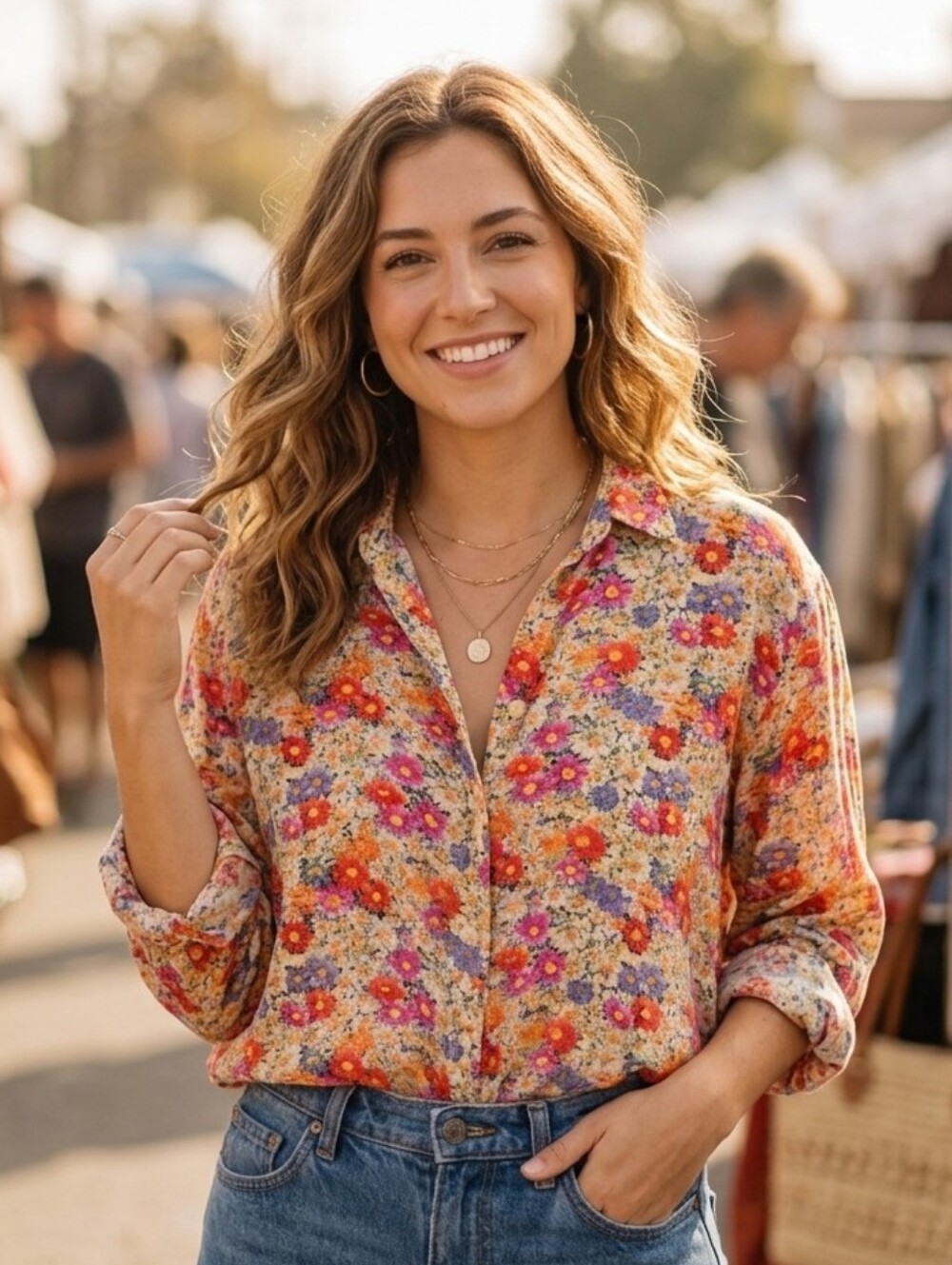 Vintage Bonjour Floral Button Down Top Womens Large Boho Country Farmhouse